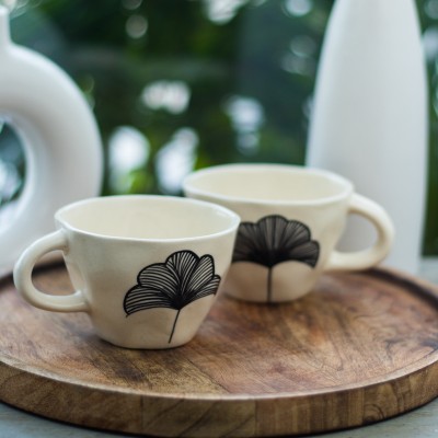 Rare Planet Handcrafted Ceramic Set of 1 with Black Leaf Ceramic Coffee Mug(150 ml)