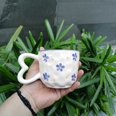 Ceramicmomo Handmade Ceramic Cup | Blue Heart Print Coffee Tea with Heart Handle Gift Ceramic Coffee Mug(230 ml)