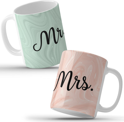 Unbounded Company Mr Mrs in Abstract Marbel Paint Background White Combo Ceramic Coffee Mug(325 ml, Pack of 2)