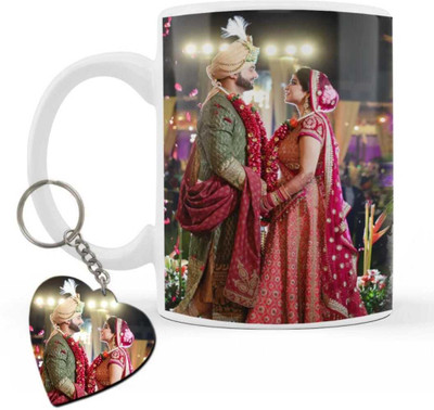 nsak Photo & Text Printed Cup For Birthday , Anniversary Gift White mug + Keychain 22 Ceramic Coffee Mug(325 ml, Pack of 2)