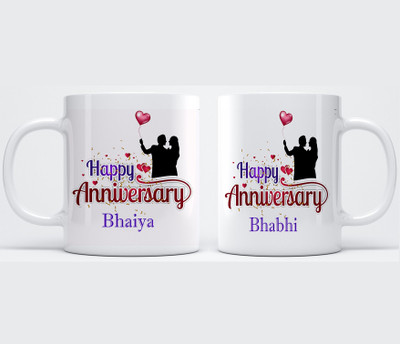 P89M Gift Happy Anniversary Bhaiya ,Bhabhi Couple Ceramic Coffee MUG Set of 2 Ceramic Coffee \Happy Anniversary Bhaiya And Bhabhi Cute Set Ceramic Coffee Mug(320 ml, Pack of 2)