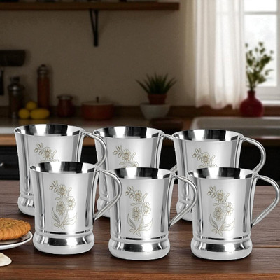 Q4S Steel Cups for tea coffee mug suitable for hot drinks with flower design Stainless Steel Coffee Mug(172 ml, Pack of 6)