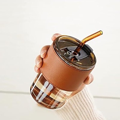 miRim Glass Tumbler Anti-Skid Leather Sleeve With 2 in 1 Lid (Sipper/Straw) Glass Coffee Mug(450 ml)