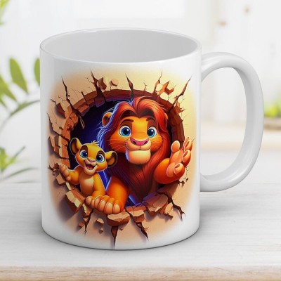 FUNKYFINDS Mufasa and Baby Simba Print With Fun Way of Drinking Beverage Ceramic Coffee Mug(330 ml)