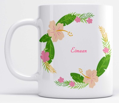 LOROFY Name Eimaan Printed Floral Pink & Green Leaves Design Model S100A White Ceramic Coffee Mug(350 ml)