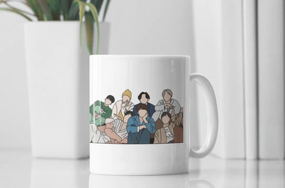 M Enterprises BTS Squad Sitting Ceramic Coffee Mug(350 ml)