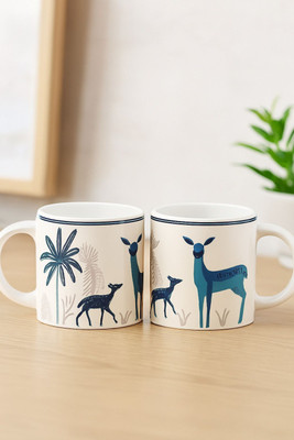 NATSYA HOMES Nature Inspired Blue Deers | 300 | Dishwasher Safe Ceramic Coffee Mug(300 ml, Pack of 2)