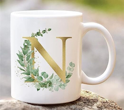 Aastha Imagine Media N Letter Name Initial Alphabet Inspiration Printed Ceramic Coffee Mug(350 ml)