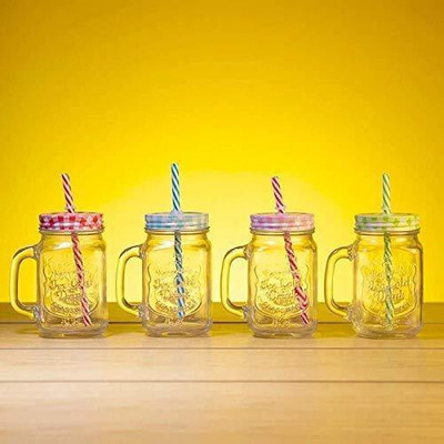 Convoke Mason Jar with Handle, Colored Cap Lid & Straw for Juice / Cocktail / Mocktail Glass Mason Jar(500 ml, Pack of 4)