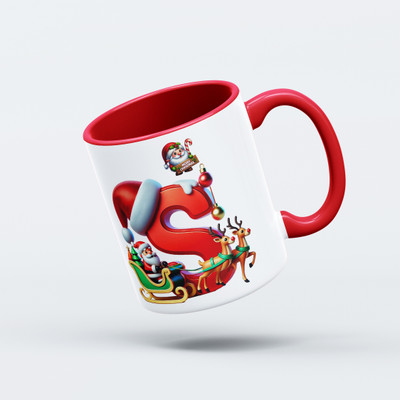 V Kraft Christmas theme red inner color Alphabet coffee mug for Xmas & New Year | S | Ceramic Coffee Mug(330 ml)