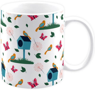 SUKAAM Beautiful Seamless Bird Pattern White Color Cup for Tea And Coffee Ceramic Coffee Mug(350 ml)