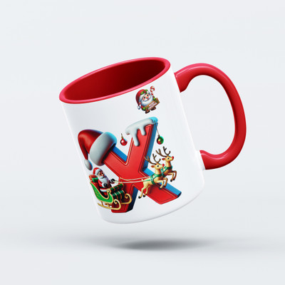 V Kraft Christmas theme red inner color Alphabet coffee mug for Xmas & New Year | X | Ceramic Coffee Mug(330 ml)