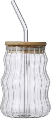 JAY RAMDEV SELLER Ribbed Glassware for Juice Beverage with Lids and Straws Glass Tumbler(501 ml)