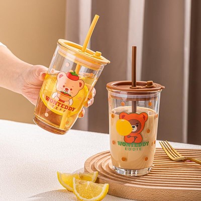 Avastro Coffee Glass Daisy Glass Juice Water Tea Cup with Scale Coffee Milk Glass Straw Glass Tumbler(400 ml, Pack of 2)