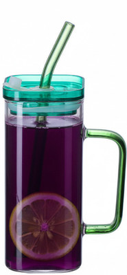 SHIPPLIER Square Mason jar Glass Cups with Lids and Straws with Colored Handle Glass Tumbler(400 ml)