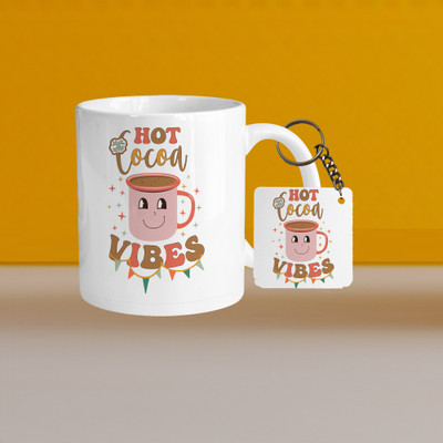 VM SHOPPING MALL Premium 330ml Ceramic White Coffee- hot cocoa vibes- With Square Keychain Ceramic Coffee Mug(330 ml, Pack of 2)