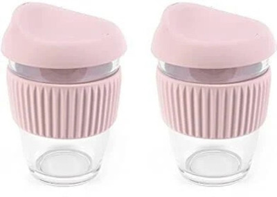 Baskety Travel with Lid, 300ML Set of 2 Pink Glass Coffee Mug(300 ml, Pack of 2)