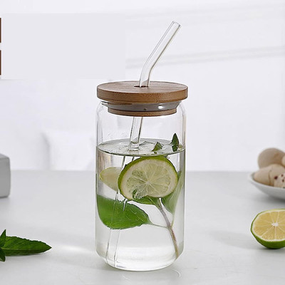 Drinking Glasses with Bamboo Lids and Glass Straw Can Shaped Glass Cups Glass Tumbler(500 ml)