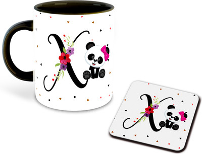 FLEXERSTYLE NEW2025-X Name Alphabet Panda Printed Black Coffee Cup With Coaster - D24 Ceramic Coffee Mug(325 ml)