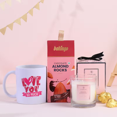 Floweraura Love Romantic Gift Hamper of Ceramic, Almonds Rocks & Scented Candle Ceramic Tumbler(350 ml, Pack of 3)