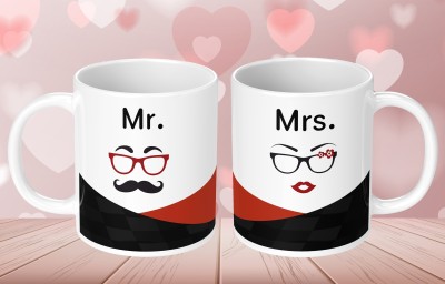 NH10 DESIGNS Mr & Mrs Printed Cup For Wedding Anniversary Birthday Gift (Pack 2) - 2CPWMV 65 Ceramic Coffee Mug(350 ml, Pack of 2)