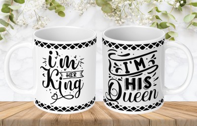 NH10 DESIGNS King & Queen Printed Cup For Anniversary Birthday Gift (Pack 2) - 2CPWM 55 Ceramic Coffee Mug(350 ml, Pack of 2)