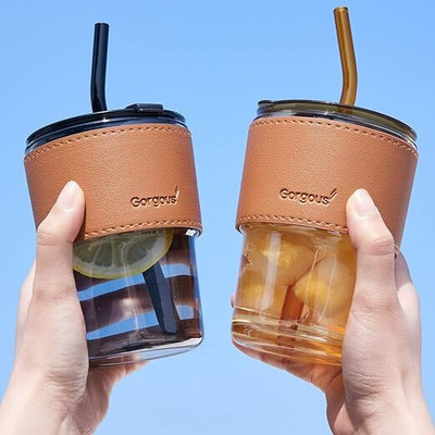 GOOD TO GREAT CREATION Tumbler with Silicone Straw and Lid with Leather Sleeve Coffees 2pc set Glass Coffee Mug(400 ml, Pack of 2)