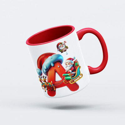 V Kraft Christmas theme red inner color Alphabet coffee mug for Xmas & New Year | A | Ceramic Coffee Mug(330 ml)