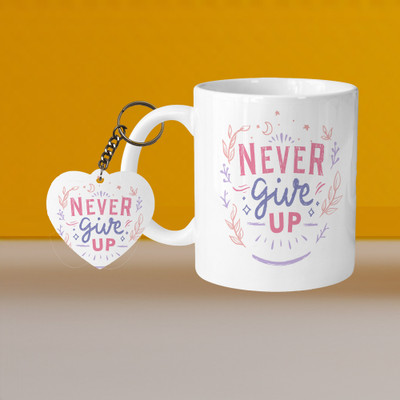 VM MALL 101_Perfect for Coffee and Tea - With Keychain VM Never Give Up L H Ceramic Coffee Mug(330 ml, Pack of 2)