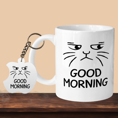 VM MALL 101_Good Morning Cat L-A Ceramic Coffee Mug(330 ml, Pack of 2)