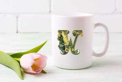 Aastha Imagine Media Premium Floral Alphabet Font W Printed 11oz Ceramic Coffee Mug(350 ml)