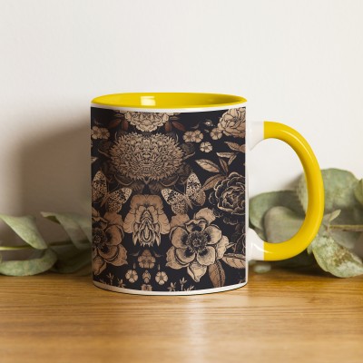 ZORI Gold Flowers design Printed Premium Quality Glossy Finished,1 Piece (Yellow) Ceramic Coffee Mug(350 ml)