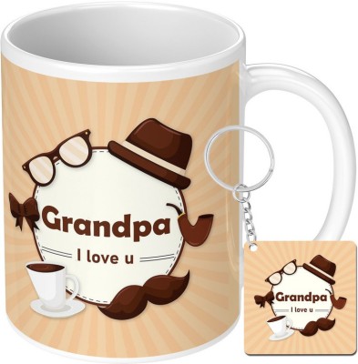 TrendoPrint (NW-119) Grandpa I Love U Printed 1(Cup +Keychain) Ceramic Coffee Mug(350 ml, Pack of 2)