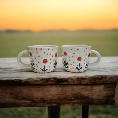 Boncel Double x Red Polka Daisy M-13 Ceramic Coffee Mug(300 ml, Pack of 2)