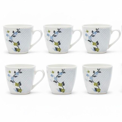 WOLLONGONG HOMES Floral Pattern Porcelain Tea Cups Set, White with Blue and Green Design Ceramic Coffee Mug(230 ml, Pack of 6)