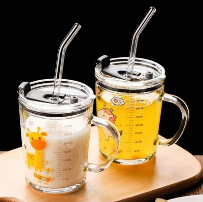 crownsmill Cartoon Printed Milk Glass Silicone Straw and Lid for Milk,Tea,Coffee,Juice Glass Tumbler(400 ml, Pack of 2)