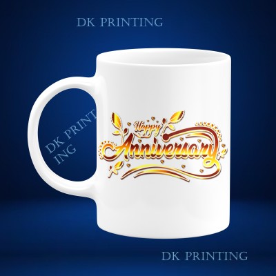 dk printing Happy Anniversary GOLDEN text printed White Ceramic Coffee Mug(350 ml)