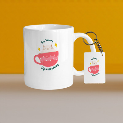 VM SHOPPING MALL 330ml Ceramic White Coffee-sip smart sip refershing-With Rectangle Keychain Ceramic Coffee Mug(330 ml, Pack of 2)