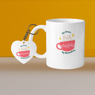 Printhorizon 101_Perfect for Coffee and Tea - With Keychain VM Sip Smart Sip Refershing L H Ceramic Coffee Mug(330 ml, Pack of 2)