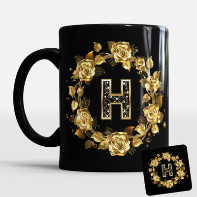 Sublikraft H Alphabet Prined With Coster Ceramic Coffee Mug(330 ml)