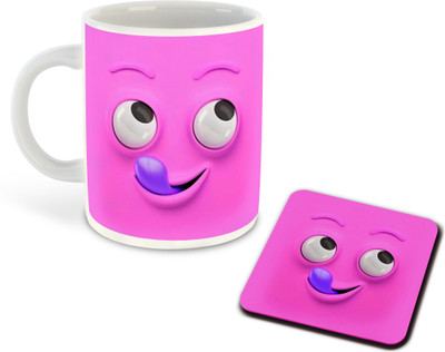 FLEXERSTYLE NEW2025-Cartoon Face Expressions White Ceramic Coffee With Coaster - D5 Ceramic Coffee Mug(325 ml)