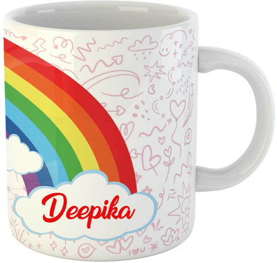 ARTBUG Rainbow & Unicorn Theme Customised Coffee Coffee Cup, Name - Deepika Ceramic Coffee Mug(350 ml)