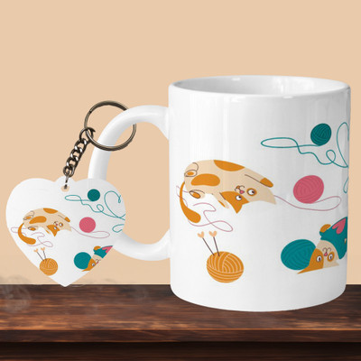 VM MALL 101_Cat Play L-H Ceramic Coffee Mug(330 ml, Pack of 2)