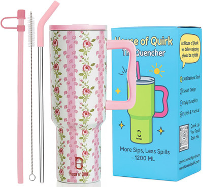 HOUSE OF QUIRK 1200ML Stainless Steel Tumbler with Handle & Lid, 2 Straws -Pink Petal Stainless Steel Tumbler(1200 ml)