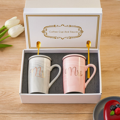 b7 Creations Ceramic Marble Finish Coffee With Lid- Spoon For Anniversary Valentinel Ceramic Coffee Mug(380 ml, Pack of 2)