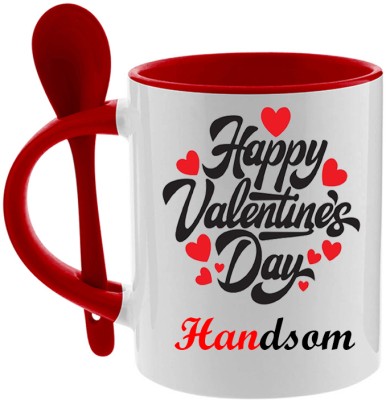 printsbea Printed Happy Valentine's Day Handsom Quotes Inside Red With Spoon Coffee Ceramic Coffee Mug(325 ml)