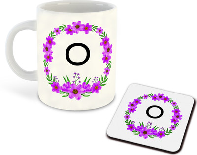 whats your kick O Name Alphabet Floral Printed White Coffee Cup With Coaster - D15 Ceramic Coffee Mug(325 ml)