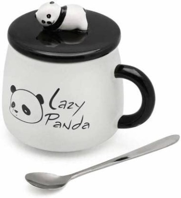 VIRCO Ceramic Panda Printed with Lid and Spoon for Coffee and Tea Cup - 1 Piece Ceramic Coffee Mug(450 ml)