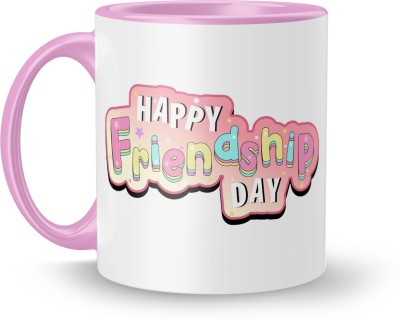 MUGKIN Happy Friendship Day Printed Inner&Handle Coloured Ceramic 350ml (Pink-06) Ceramic Coffee Mug(350 ml)