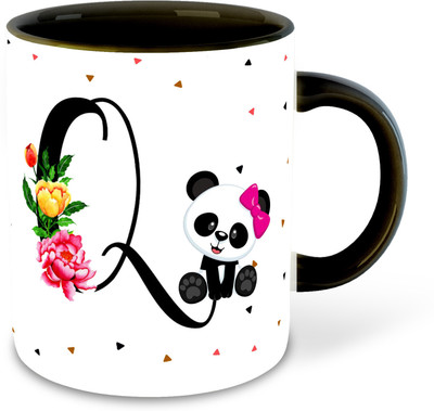 FLEXERSTYLE NEW2025-Q Name Alphabet Panda Printed Black Coffee Cup With Coaster - D17 Ceramic Coffee Mug(325 ml)